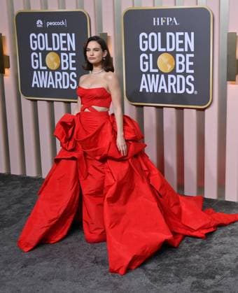 Lily James arrives for the 80th annual Golden Globe Awards at the Beverly Hilton in Beverly Hills, California on Tuesday, January 10, 2023.  LAP20230110597 JIMxRUYMEN
