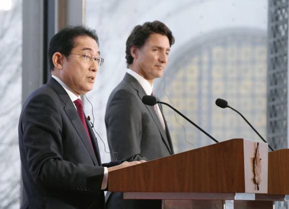 Japan-Canada summit in Ottawa Japanese Prime Minister Fumio Kishida (L) and Canadian Prime Minister Justin Trudeau attend a joint press conference following their talks in Ottawa on Jan. 12, 2023.  A14AA0001383878P