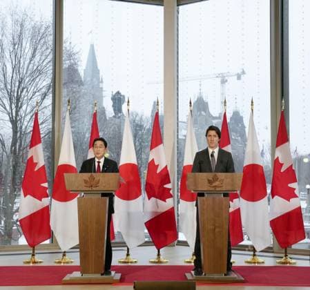 Japan-Canada summit in Ottawa Japanese Prime Minister Fumio Kishida (L) and Canadian Prime Minister Justin Trudeau attend a joint press conference following their talks in Ottawa on Jan. 12, 2023.  A14AA0001383879P