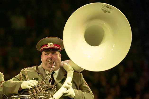 Leipzig, Germany 15 January 2023 Music Parade Leipzig 2023 Europes largest tour of military and brass music makes a stop in Leipzig In the picture Representative Military Brass Band of the Land Forces Bulgaria Quarterback IImmobilien Arena Sachsen Copyright: xFotostandx xBallaschx