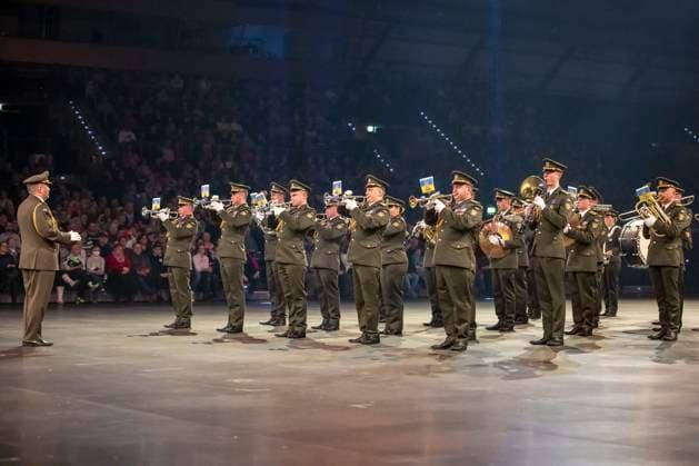Leipzig, Germany 15 January 2023 Music Parade Leipzig 2023 Europes largest tour of military and brass music makes a stop in Leipzig In the picture military orchestra of the State Special Forces of the Ministry of Defense from Chernihiv Ukraine quarterback IImmobilien Arena Sachsen Copyright: xFotostandx xBallaschx