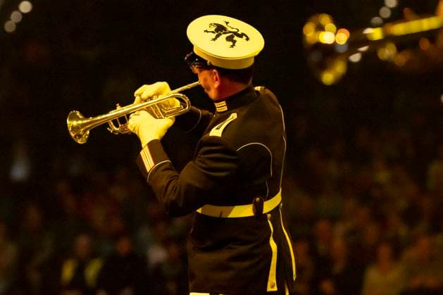 Leipzig, Germany 15 January 2023 Music Parade Leipzig 2023 Europes largest tour of military and brass music makes a stop in Leipzig In the picture Show and Marching Band Exemplar Netherland Quarterback IImmobilien Arena Sachsen Copyright: xFotostandx xBallaschx