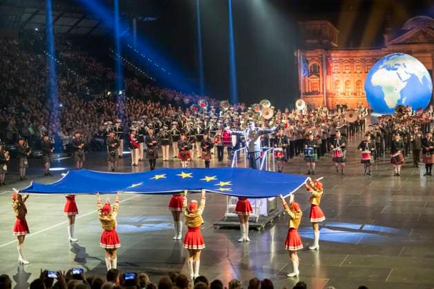 Leipzig, Germany 15 January 2023 Music Parade Leipzig 2023 Europes largest tour of military and brass music makes a stop in Leipzig In the picture final picture of all orchestras Quarterback IImmobilien Arena Sachsen Copyright: xFotostandx xBallaschx
