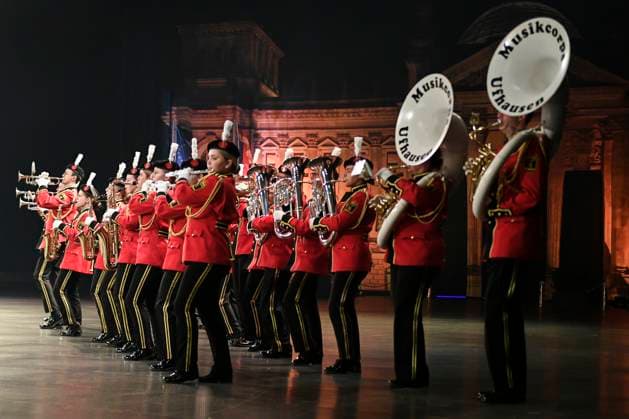 Leipzig, Germany 15 January 2023 Music Parade Leipzig 2023 Europes largest tour of military and brass music makes a stop in Leipzig In the picture Musikcorps Ufhausen Quarterback IImmobilien Arena Sachsen Copyright: xFotostandx xBallaschx