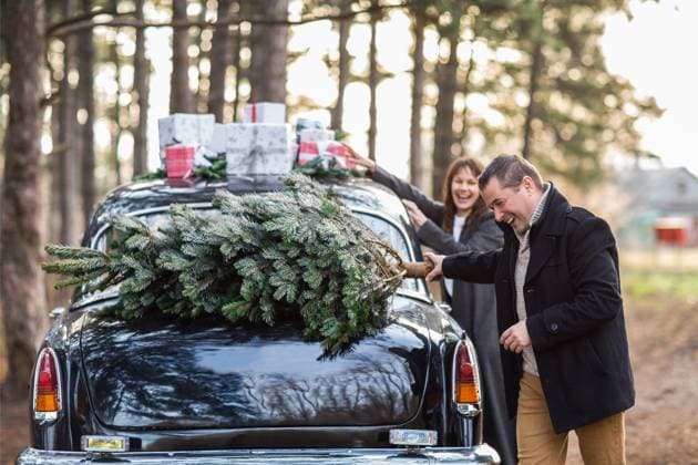 Joyful couple near the vintage car with presents on roof Loving man and woman by the retro car with Christmas gifts on roof and tree for celebration in park Copyright: xZoonar.com DashaxPetrenkox 16051953 ,model released, Symbolfoto ,property released