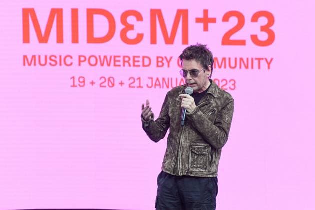 Jean Michel Jarre, parrain du nouveau Midem - Le nouveau Midem, le celebre salon professionnel international dedie a la musique revient en 2023. Conference d ouverture Palais des Festivals et des Congres de Cannes, FRANCE. NEWS : Le nouveau Midem - Cannes - 19 01 2023 LionelUrman Panoramic 
