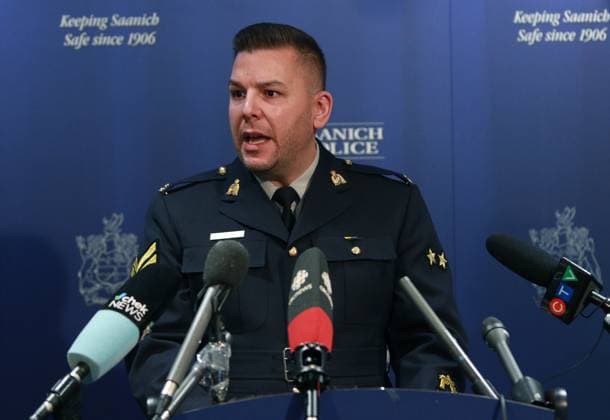 January 20, 2023, SAANICH, BC, CAN: RCMP Cpl. Alex Berube provides an update from their investigative findings into the BMO Bank of Montreal shooting that happened on June 28, 2021 between officers and the suspects. Members of media were invited to ask questions about that day during a press conference at the Saanich Police Department in Saanich, B.C., on Friday, January 20, 2023. SAANICH CAN  - ZUMAc35_ 20230120_zaf_c35_031 Copyright: xChadxHipolitox