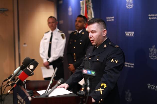 January 20, 2023, SAANICH, BC, CAN: RCMP Cpl. Alex Berube provides an update from their investigative findings into the BMO Bank of Montreal shooting that happened on June 28, 2021 between officers and the suspects. Members of media were invited to ask questions about that day during a press conference at the Saanich Police Department in Saanich, B.C., on Friday, January 20, 2023. SAANICH CAN  - ZUMAc35_ 20230120_zaf_c35_034 Copyright: xChadxHipolitox
