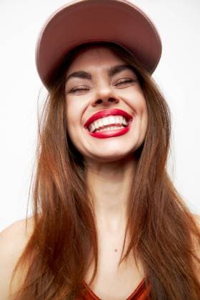 RECORD DATE NOT STATED Woman in a cap Wide smile closed eyes luxury model red dress cropped view, model released, , 33745536.jpg, face, female, woman, open, person, beautiful, lip, mouth, tooth, happy, beauty, background, young, adult, attractive, fashion, lady, smile, portrait, pink, makeup, model, skin, surprised, caucasian, hair, isolated, white, cute, open mouth, red, closeup, brunette, lipstick, positive, scream, shouting, student, tongue, up, wow, color, style, close up, glossy, lovely, cap, caricature, strange