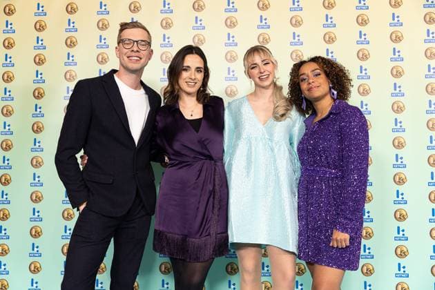 Karrewiet presenter Jelle Mels, Karrewiet presenter Annabet Ampofo, Karrewiet presenter Amber Janssens and Karrewiet presenter Mariam El Mandoudi pictured during the Gala van de Gouden K s award show, organized by Flemish children s television channel Ketnet, Saturday 21 January 2023 in Brussels.  JAMESxARTHURxGEKIERE 58602562