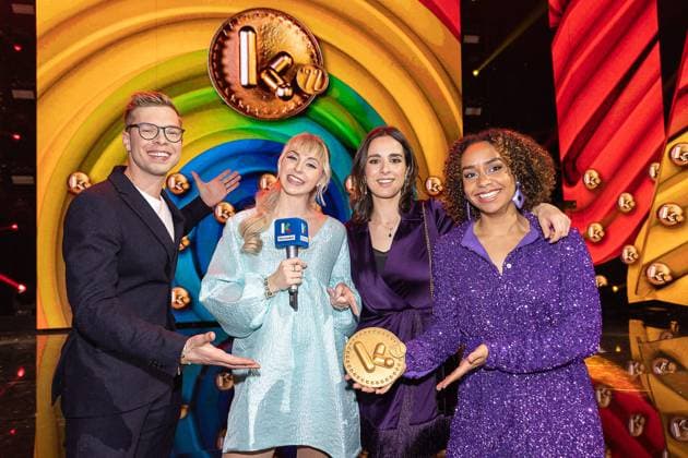 Karrewiet presenters Jelle Mels, Amber Janssens, Annabet Ampofo and Mariam El Mandoudi pictured during the Gala van de Gouden K s award show, organized by Flemish children s television channel Ketnet, Saturday 21 January 2023 in Brussels.  JAMESxARTHURxGEKIERE 58608330