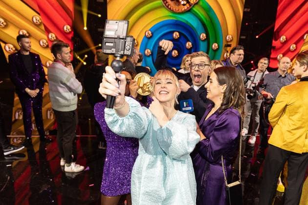 Karrewiet presenters Jelle Mels, Amber Janssens, Annabet Ampofo and Mariam El Mandoudi pictured during the Gala van de Gouden K s award show, organized by Flemish children s television channel Ketnet, Saturday 21 January 2023 in Brussels.  JAMESxARTHURxGEKIERE 58608342