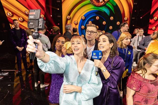 Karrewiet presenters pictured during the Gala van de Gouden K s award show, organized by Flemish children s television channel Ketnet, Saturday 21 January 2023 in Brussels.  JAMESxARTHURxGEKIERE 58608815