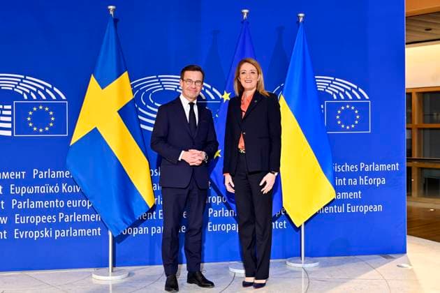 Schwedens Ministerpräsident Ulf Kristersson und EU-Parlamentspräsidentin Roberta Metsola bei einem Empfang im Europäischen Parlament. Straßburg, 17.01.2023 Grand Est Frankreich *** Swedens Prime Minister Ulf Kristersson and EU Parliament President Roberta Metsola at a reception at the European Parliament Strasbourg, 17 01 2023 Grand Est France Copyright: xDwixAnoraganingrumx