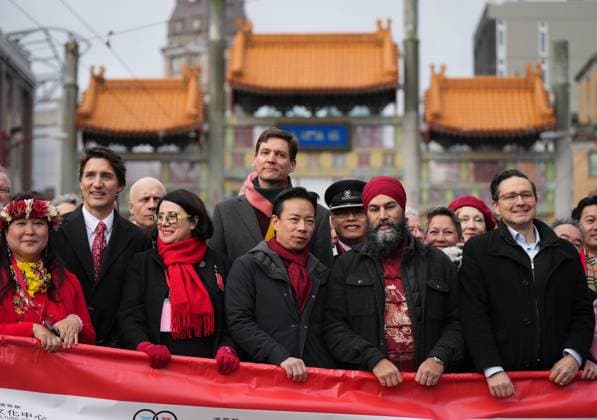 January 22, 2023, VANCOUVER, BC, CANADA: Prime Minister Justin Trudeau, from left to right. B.C. Lt-Gov. Janet Austin, B.C. Premier David Eby, Vancouver Mayor Ken Sim, NDP leader Jagmeet Singh and Conservative leader Pierre Poilievre prepare to march in the Lunar New Year parade, in Vancouver, on Sunday, January 22, 2023. VANCOUVER CANADA - ZUMAc35_ 20230122_zaf_c35_010 Copyright: xDarrylxDyckx