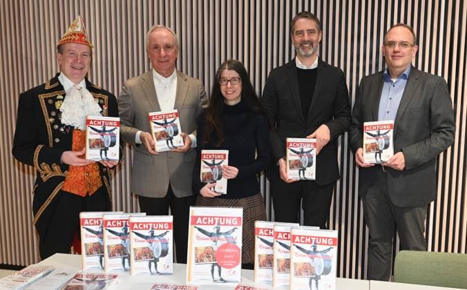 President Festkomitee Kölner Karneval Christoph Kuckelkorn, l r, Chairman Friends of the Historical Archive Burkhard von der Mühlen, Editor Daniela Wagner, Head of the Historical Archive of the City of Cologne Ulrich Fischer, Editor Max Plassmann pose at the book launch Achtung Brauchtum