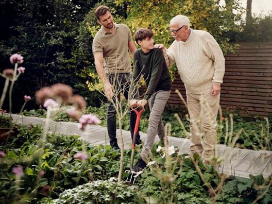 Father and grandfather watching teenage boy digging in garden model released, Symbolfoto property released, PWF00472