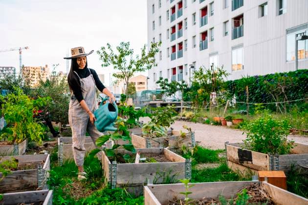IMAGO Creative, Urban Lifestyle Smiling young woman wearing hat watering plants in urban garden model released, Symbolfoto, GDBF00022