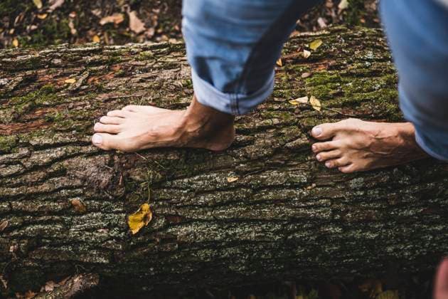 Man walking on wooden log model released, Symbolfoto, UUF27918