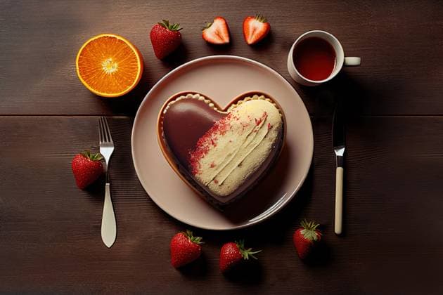 AI GENERATED IMAGE Top view a heart shaped breakfast for Valentine s day. Generative AI MarcosOsorio_ID12561_381477_006 Copyright: xMarcosxOsoriox Model Released