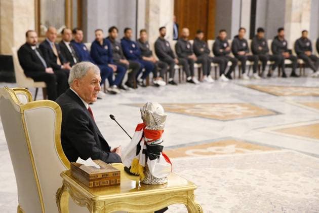Iraqi President Abdul Latif Rashid receives the Iraqi football team, which won the Gulf Championship Cup Iraqi President Abdul Latif Rashid receives the Iraqi football team, which won the Gulf Championship Cup, on January 24, 2023. Photo by Iraqi Presidency Office APAimages Iraq Iraq Iraq 240123_IRAQ_IPO_1_00 (15) Copyright: xapaimagesxIraqixPresidencyxOfficex xapaimagesx