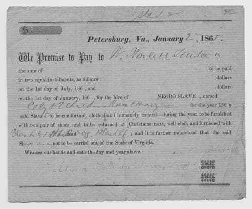 IMAGO History, Ende des afrikanischen Sklavenhandels und die Abschaffung der Sklaverei: 1807-1888 RECORD DATE NOT STATED Petersburg, VA- We promise to pay W. Howlett...for slave..., 1865-01-02. Creator: Unknown. Copyright:xHeritagexArt HeritagexImagesx IMAGO ,2949911 ! ACHTUNG: AUFNAHMEDATUM GESCHÄTZT!  Copyright:HeritagexArt HeritagexImagesx IMAGO