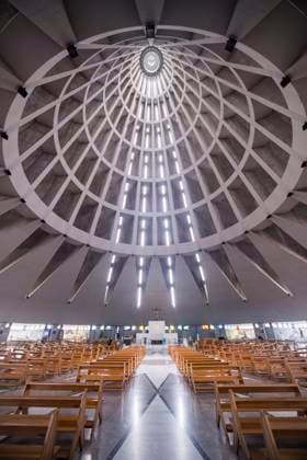 Creative Highlights World Altar and interior furnishings inside the Basilica Sanctuary Madonna delle Lacrime, Our Lady of the Tears, a modern Roman Catholic church in the Late Baroque town of Syracuse. Syracuse Sicily Italy FB_2022_0958