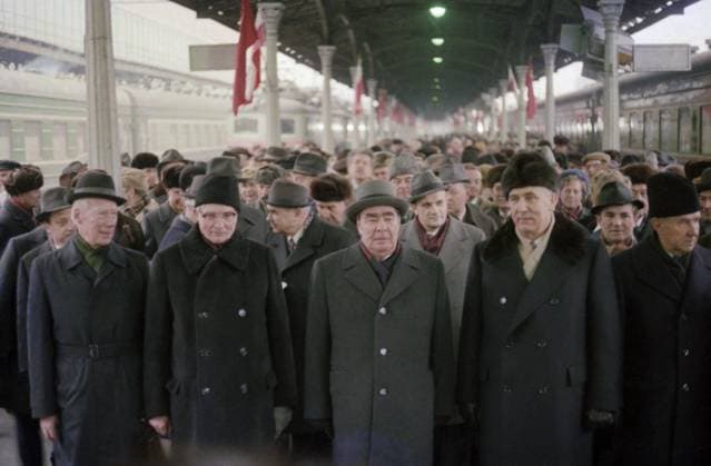 Moscow, USSR. Chairman of the Council of Ministers of the USSR Alexei Kosygin, head of the party and government delegation of the Polish People s Republic, First Secretary of the Central Committee of the Polish United Workers Party Edward Gierek, General Secretary of the Central Committee of the Communist Party of the Soviet Union Leonid Brezhnev and Secretary of the Central Committee of the CPSU Mikhail Suslov (R-L front) meet during the welcome ceremony for the PRL delegation at Belorussky Railway Station. Eduard Pesov TASS  16964028