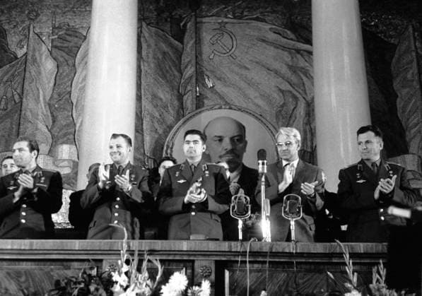 Moscow, USSR. August 21, 1962. Heroes of the Soviet Union, Soviet cosmonauts Gherman Titov, Yuri Gagarin, Andriyan Nikolayev (L-R) and Pavel Popovich (R) and President of the USSR Academy of Sciences Mstislav Keldysh (2nd R) take part in a press conference dedicated to the first long-term group flight of Vostok 3 and Vostok 4 spacecrafts in the Assembly Hall of Lomonosov Moscow State University. Valentin Sobolev, Vladimir Savostyanov TASS  16799561