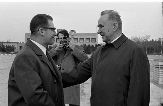 Moscow, USSR. May 10, 1970. Member of the Politburo of the CPSU Central Committee, Chairman of the Council of Ministers of the USSR Alexei Kosygin (R) meets member of the Presidium of the Central Committee of the Communist Party of Czechoslovakia, Chairman of the Government of the Czechoslovak Socialist Republic Lubomir Strougal at Vnukovo Airport. Strougal arrived in Moscow for the opening ceremony of the Czechoslovakia-1970 exhibition dedicated to the 25th anniversary of the liberation of Czechoslovakia by the Red Army. Valentin Mastyukov TASS  17721515