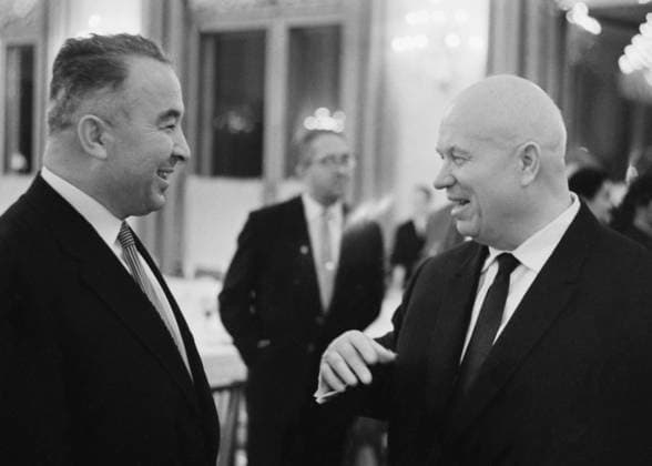 Moscow, USSR. December 17, 1962. First Secretary of the CPSU Central Committee Nikita Khrushchev (R) talks to Soviet Cabardin-Balkarian poet Alim Kheshokov during the meeting of the leaders of the Communist Party of the Soviet Union and Soviet government with Soviet cultural workers at the Reception House on Leninsky Hills. Valentin Sobolev TASS  32423577