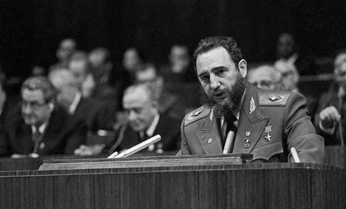 Moscow, USSR. Head of the Communist Party of Cuba (PCC) delegation, First Secretary of the Central Committee of the PCC, Prime Minister of the Revolutionary Government of the Republic of Cuba Fidel Alejandro Castro Ruz addresses the 25th Congress of the Communist Party of the Soviet Union at the Kremlin Palace of Congresses. Viktor Koshevoi TASS  548696