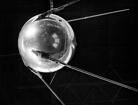 Moscow, USSR. 1957. A view of the maquette of the first satellite launched by the Soviet Union on the 4th of October 1957, exhibited in Karelia pavilion of the All-Union Agricultural Exhibition. The exact date of the photograph is unknown. Valentin Cheredintsev TASS  1389580