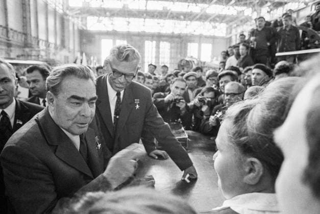 Novosibirsk, USSR. General Secretary of the Central Committee of the Communist Party of the Soviet Union Leonid Brezhnev (L) visits the Chkalov Aircraft Order of Lenin and Red Banner of Labour Plant. Vladimir Musaelyan TASS  17002335