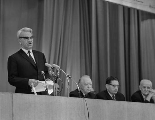 Moscow, USSR. October 28, 1970. President of the USSR Academy of Sciences Mstislav Keldysh (L) speaks at press conference dedicated to the successful flight and delivery of lunar soil to Earth by the Luna-16 Soviet Automatic Interplanetary Station in the Central House of Scientists. Valentin Sobolev TASS  18069682