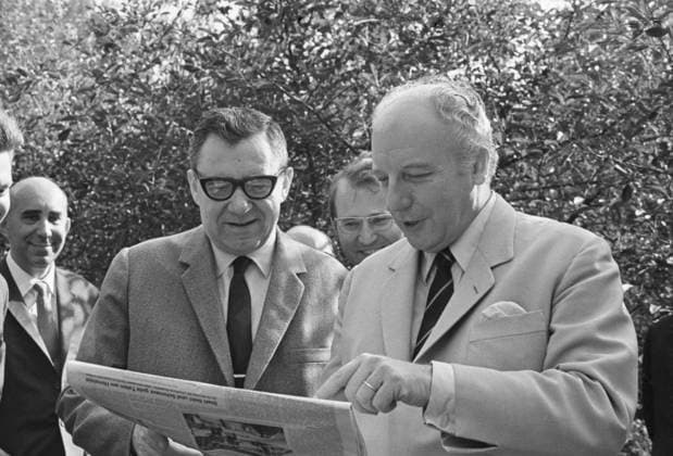Moscow Region, USSR. Minister of Foreign Affairs of the USSR Andrei Gromyko and Vice Chancellor, Minister of Foreign Affairs of the Federal Republic of Germany Walter Scheel (L-R front) read a West German newspaper at Andrei Gromyko s country residence in Ilyinskoye Village. Sergei Preobrazhensky TASS  18204174