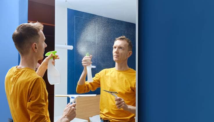  Mann mittleren Alters sprüht Reinigungsflüssigkeit auf den Spiegel zu Hause, um ihn zu reinigen *** Man middle Age sprays Cleaning fluid at the Spiegel to home, at him to clean Copyright: imageBROKER/AlekseixIsachenko ibxaii08993897.jpg ,model released, Symbolfoto ,property released