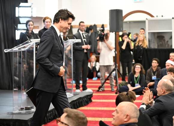 January 29, 2023, QUEBEC, PQ, Canada: Prime Minister Justin Trudeau looks down after speaking at a commemoration ceremony marking the sixth anniversary of the Quebec City mosque shooting held for the first time in the same room where many of the victims were killed on Sunday, January 29, 2023. QUEBEC Canada  - ZUMAc35_ 20230129_zaf_c35_028 Copyright: xJacquesxBoissinotx