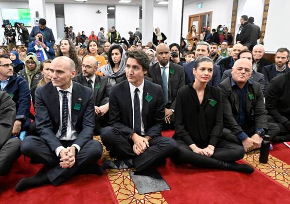 January 29, 2023, QUEBEC, PQ, Canada: Politicians attend a ceremony marking the sixth anniversary of the deadly mosque shooting, Sunday, January 29, 2023 at the mosque in Quebec City. From the left, Health Minister Jean-Yves Duclos, Prime Minister Justin Trudeau, Quebec Deputy premier and Transport Minister Genevieve Guilbault and Quebec Minister Responsible for Infrastructure Jonathan Julien. QUEBEC Canada - ZUMAc35_ 20230129_zaf_c35_032 Copyright: xJacquesxBoissinotx