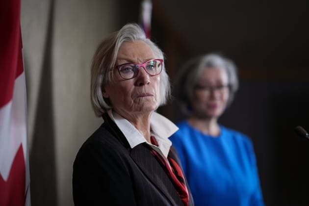 January 30, 2023, VANCOUVER, BC, CANADA: Carolyn Bennett, Minister of Mental Health and Addictions and Associate Minister of Health, and B.C. Minister of Mental Health and Addictions Jennifer Whiteside, (right) listen during a news conference in Vancouver, on Monday, January 30, 2023. British Columbia is introducing a policy of decriminalization on Tuesday as part of what it says is an overall plan to prevent overdose deaths from illicit drugs. VANCOUVER CANADA - ZUMAc35_ 20230130_zaf_c35_072 Copyright: xDarrylxDyckx