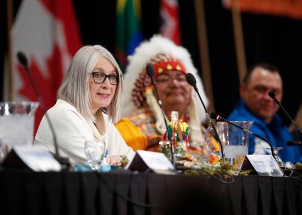 Kanada, Bundestaat Manitoba und Vertreter der Ethnie Peguis unterzeichnen Abkommen in Winnipeg January 31, 2023, WINNIPEG, MANITOBA, CANADA: Peguis Chief Glenn Hudson listens in as Patty Hajdu, Minister of Indigenous Services Canada, speaks at an event where Peguis First Nation and Child and Family Services (CFS) along with the federal and Manitoba governments announce and sign the Peguis First Nation Honouring our Children, Families and Nation Act Coordination Agreement in Winnipeg, Tuesday, January 31, 2023. The governments of Canada and Manitoba joined Peguis Chief Glenn Hudson and Peguis CFS for this historic event. WINNIPEG CANADA - ZUMAc35_ 20230131_zaf_c35_096 Copyright: xJohnxWoodsx
