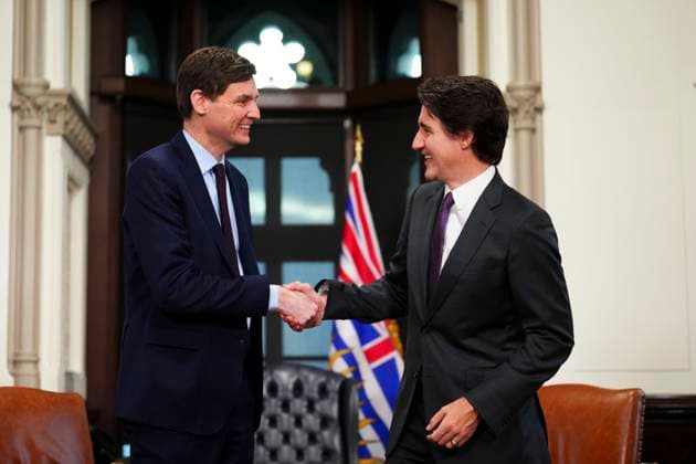 February 1, 2023, Ottawa, ON, Canada: Prime Minister Justin Trudeau meets with with the Premier of British Columbia, David Eby in his office on Parliament Hill in Ottawa on Wednesday, Feb. 1, 2023. Ottawa Canada  - ZUMAc35_ 20230201_zaf_c35_090 Copyright: xSeanxKilpatrickx