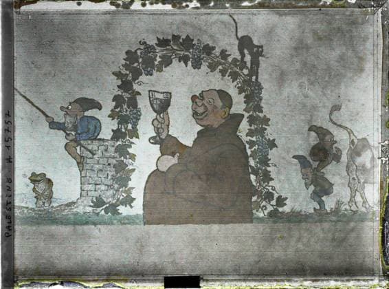 RECORD DATE NOT STATED Bethlehem, Palestine Fresque on a wall of the cellar of the School of the Salle (or Brothers of the Christian Schools) , 1918 - Near East, Egypt, Palestine, Cyprus - Paul Castelnau (photographic section of the armies) - (January 9 -October 6) (French - ï»¿BethlÃ em , Palestine Fresque sur un mur du cellier de l Ecole de la Salle ( ou Freres des Ecoles chrÃ tiennes )). Foreign presence, represented animal , fantastic animal, Christianity, cow, painting, wine, alcohol, army, International relations, animal, religion, art, society, Palestine, Bethlehem, German frescoes on the Cillier wall (?) Transformed into messages of officers, brothers of the Christian Schools Copyright: xpiemagsx AKahnlpie020223-4189 !ACHTUNG AUFNAHMEDATUM GESCHÄTZT!