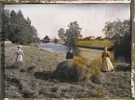 RECORD DATE NOT STATED Ovansjö, between Gävle and Falun, Sweden Man and Women harvesting , 1910 - Voyage of Albert Kahn and Auguste LÃ on in Scandinavia - (August 9 - September 14) (French - ï»¿Ovansjö , entre Gävle et Falun , Suede Homme et femmes moissonnant). Woman, agriculture , breeding, work scene, hay, river, rural life, harvest, peasant, hydrography, hairstyle , headgear, man, Human beings, economic activity, daily life, nature , environment, Gefle road to Falun, harvesters Copyright: xpiemagsx AKahnlpie020223-5157 !ACHTUNG AUFNAHMEDATUM GESCHÄTZT!