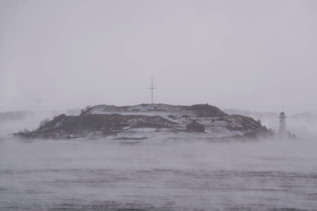 February 4, 2023, Halifax, NS, Canada: Georges Island is seen in Halifax Harbour as sea smoke, or ice fog, forms in Halifax on Saturday, February 4, 2023. Environment Canada has warned of windchill values between -30 C and -40 C across the Maritimes as an Arctic air mass moves across the region. Halifax Canada  - ZUMAc35_ 20230204_zaf_c35_013 Copyright: xDarrenxCalabresex
