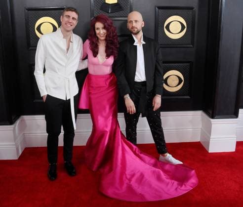 (L-R) Maximilian Bryk, Amber Navran, and Andris Mattson of Moonchild attend the 65th annual Grammy Awards at the Crypto.com Arena in Los Angeles on Sunday, February 5, 2023.  LAP2023020501 JIMxRUYMEN