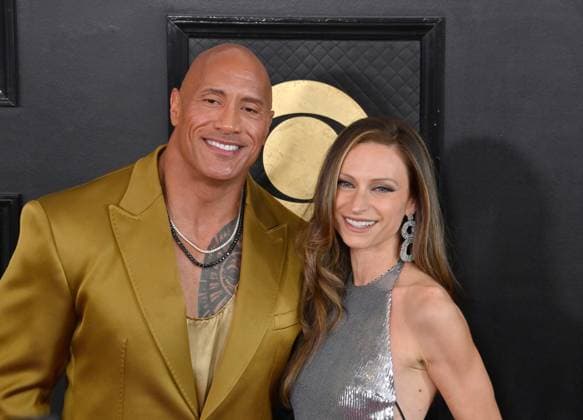 (L-R) Dwayne Johnson and Lauren Hashian attend the 65th annual Grammy Awards at the Crypto.com Arena in Los Angeles on Sunday, February 5, 2023.  LAP20230205519 JIMxRUYMEN
