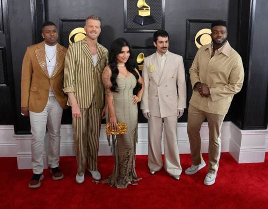 (L-R) Matt Sallee, Scott Hoying, Kirstin Maldonado, Mitch Grassi, and Kevin Olusola of Pentatonix attend the 65th annual Grammy Awards at the Crypto.com Arena in Los Angeles on Sunday, February 5, 2023.  LAP2023020564 JIMxRUYMEN