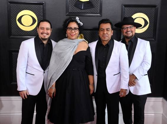 (L-R) Alex Bendana, Marisol Hernandez, Jose Carlos and Requinto Miguel Ramirez of La Santa Cecilia attend the 65th annual Grammy Awards at the Crypto.com Arena in Los Angeles on Sunday, February 5, 2023.  LAP20230205131 JIMxRUYMEN