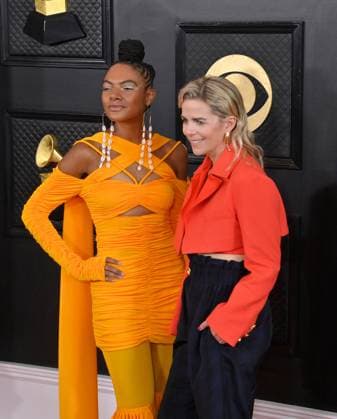 (L-R) Allison Russell and Aoife O Donovan attend the 65th annual Grammy Awards at the Crypto.com Arena in Los Angeles on Sunday, February 5, 2023.  LAP20230205160 JIMxRUYMEN